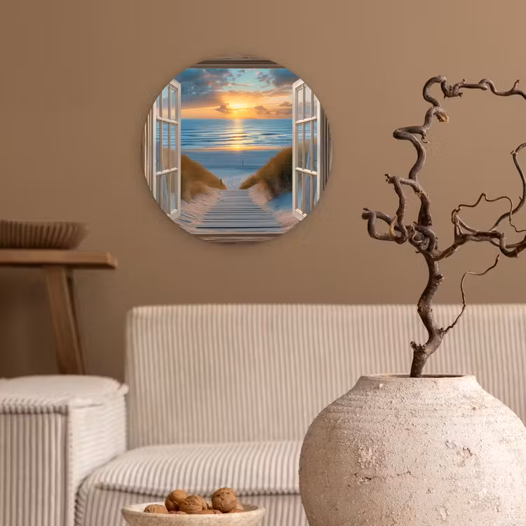 Doorkijk - Strand - Pad - Zonsondergang Wandcirkel kunststof plaat 5mm dik klein -sfeer1