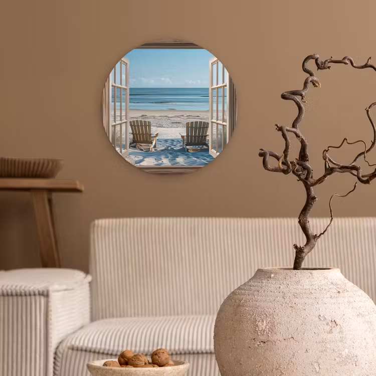 Doorkijk - Strandstoelen - Duinen - Zee - Natuur Wandcirkel kunststof plaat 5mm dik klein -sfeer1