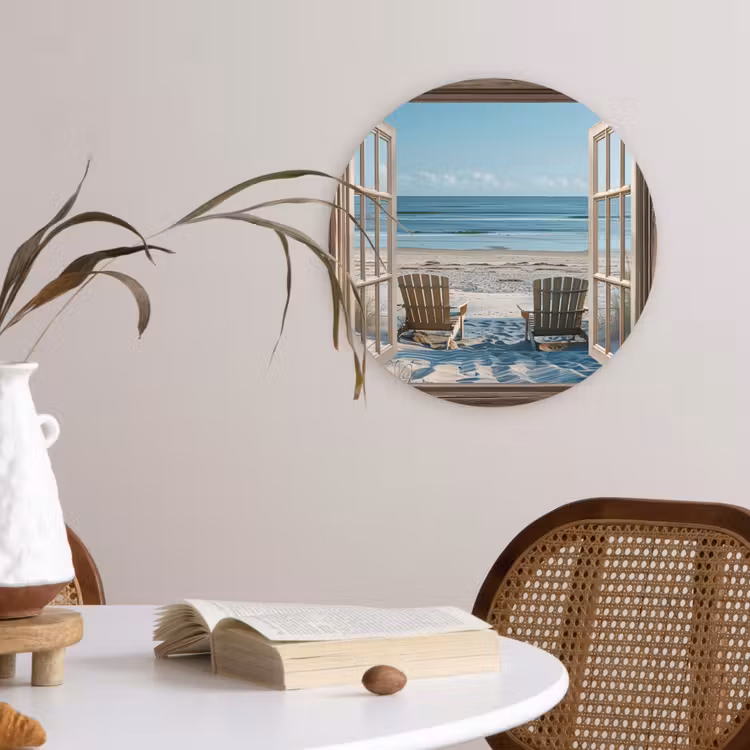 Doorkijk - Strandstoelen - Duinen - Zee - Natuur Wandcirkel kunststof plaat 5mm dik klein -sfeer4