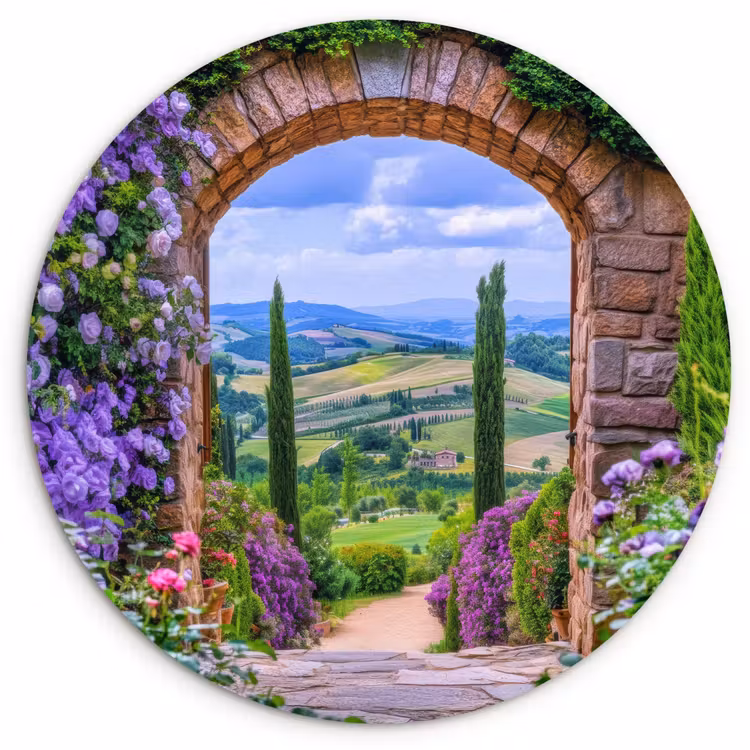 Doorkijk - Toscane - Landschap - Poort Wandcirkel kunststof plaat 5mm dik klein -3d