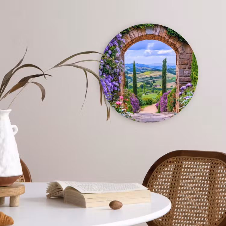 Doorkijk - Toscane - Landschap - Poort Wandcirkel kunststof plaat 5mm dik klein -sfeer4