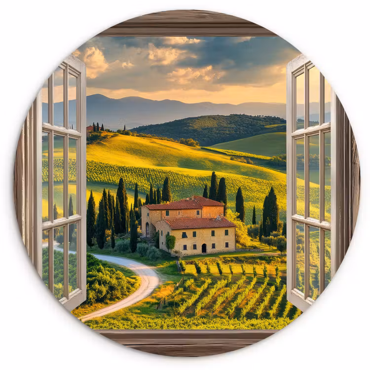 Doorkijk - Toscane - Uitzicht - Landschap - Zomer Wandcirkel kunststof plaat 5mm dik klein -3d