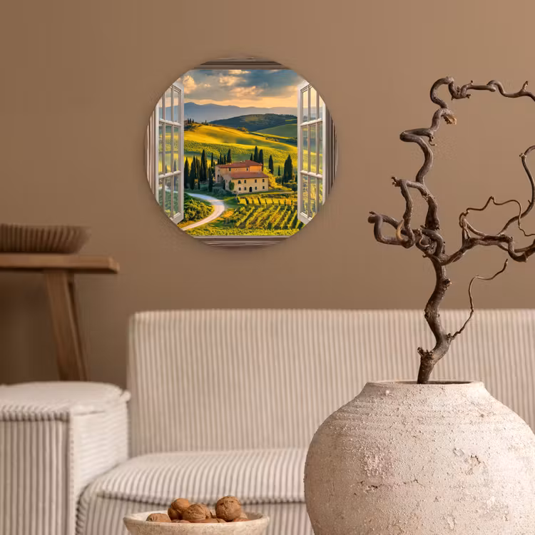 Doorkijk - Toscane - Uitzicht - Landschap - Zomer Wandcirkel kunststof plaat 5mm dik klein -sfeer1