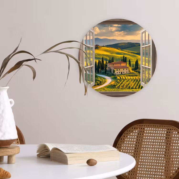 Doorkijk - Toscane - Uitzicht - Landschap - Zomer Wandcirkel kunststof plaat 5mm dik klein -sfeer4