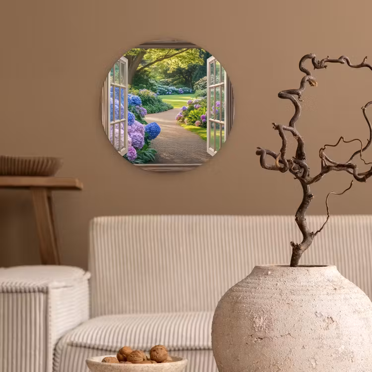 Doorkijk - Tuin - Raam - Hortensia - Bloemen Wandcirkel kunststof plaat 5mm dik klein -sfeer1