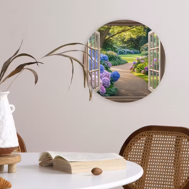 Doorkijk - Tuin - Raam - Hortensia - Bloemen Wandcirkel kunststof plaat 5mm dik klein -sfeer4
