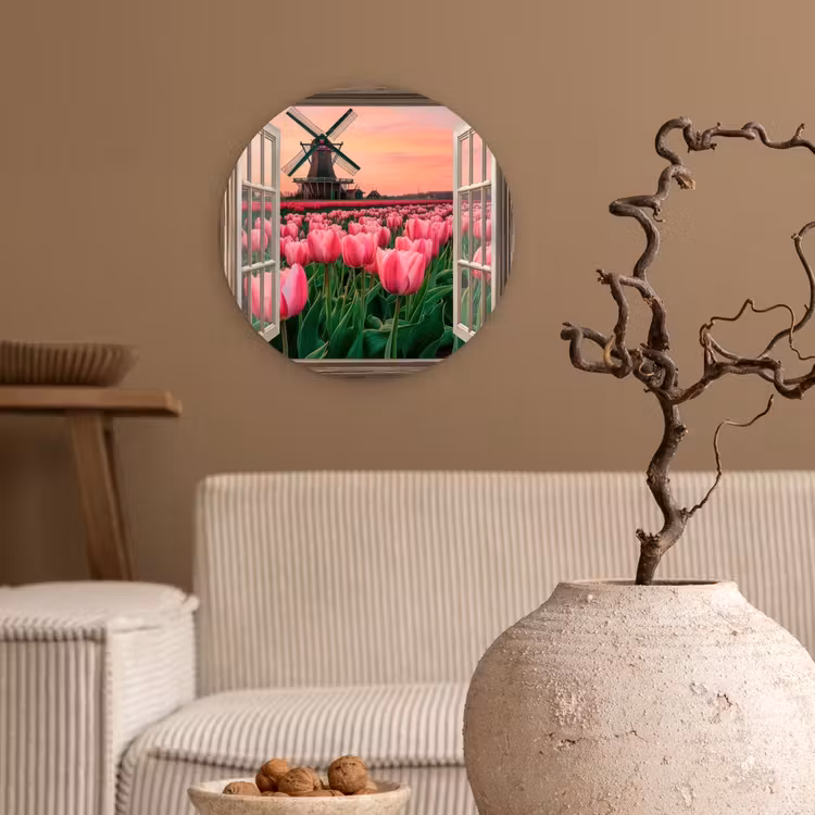 Doorkijk - Tulpen - Bloemen - Molen - Raam Wandcirkel kunststof plaat 5mm dik klein -sfeer1