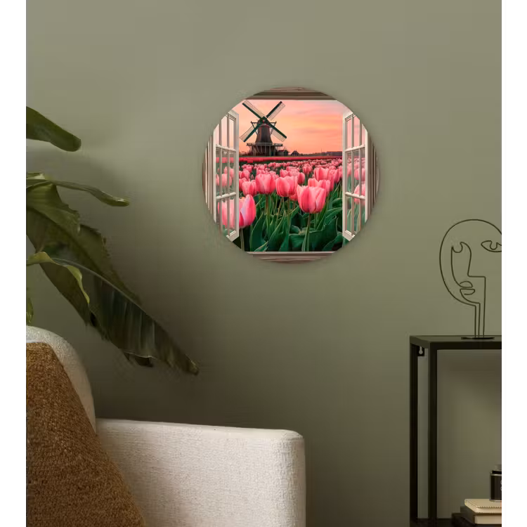 Doorkijk - Tulpen - Bloemen - Molen - Raam Wandcirkel kunststof plaat 5mm dik klein -sfeer3