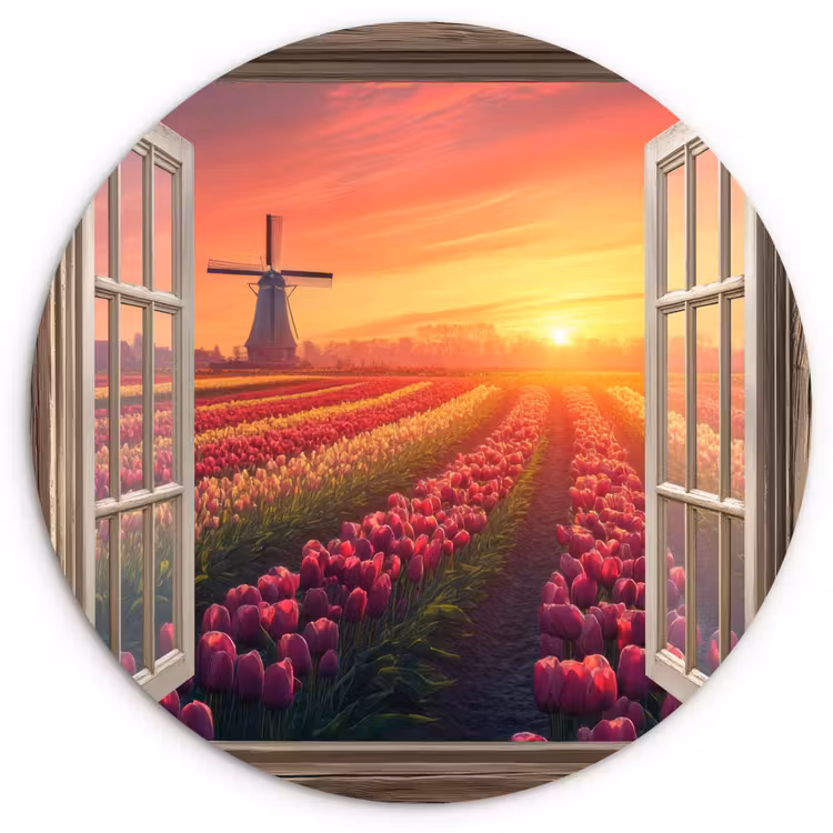 Doorkijk - Tulpen - Zonsondergang - Bloemen - Kleurrijk Wandcirkel kunststof plaat 5mm dik klein -3d