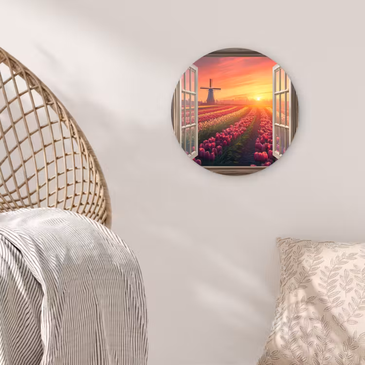 Doorkijk - Tulpen - Zonsondergang - Bloemen - Kleurrijk Wandcirkel kunststof plaat 5mm dik klein -sfeer5