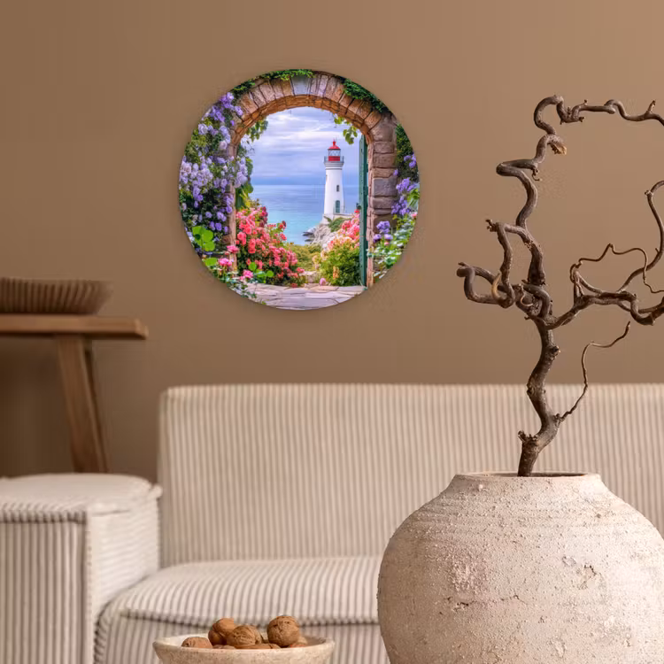Doorkijk - Vuurtoren - Bloemen - Uitzicht Wandcirkel kunststof plaat 5mm dik klein -sfeer1