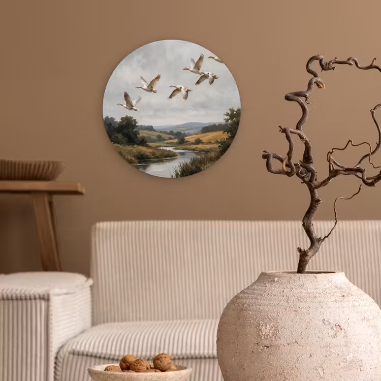 Eenden - Rivier - Landschap - Vlucht - Nostalgisch Wandcirkel kunststof plaat 5mm dik klein -sfeer1