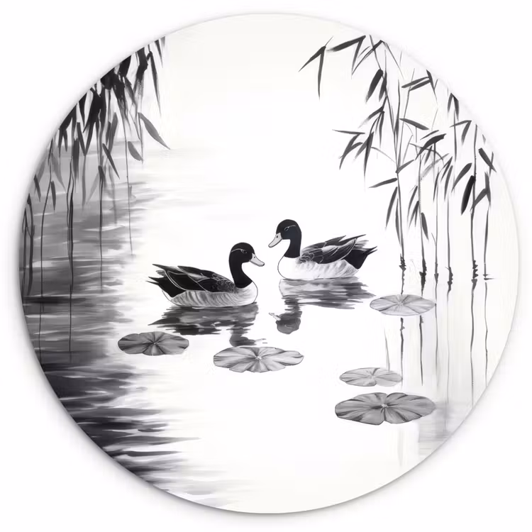 Eenden - Waterlelies - Riet - Zwart Wandcirkel kunststof plaat 5mm dik klein -3d