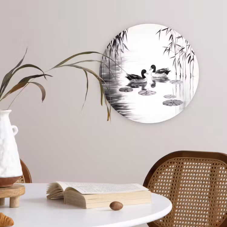Eenden - Waterlelies - Riet - Zwart Wandcirkel kunststof plaat 5mm dik klein -sfeer4