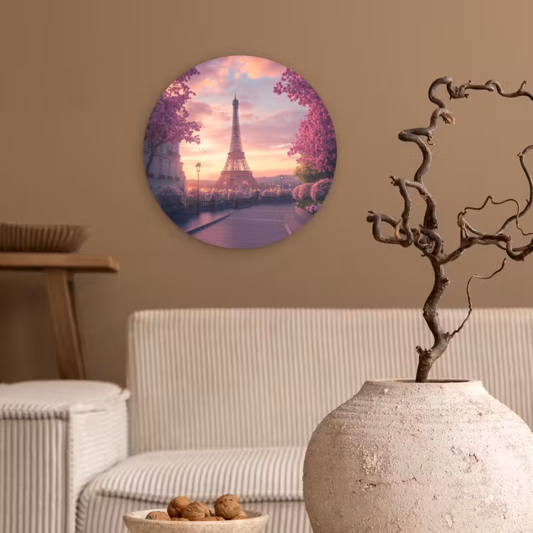 Eiffeltoren - Parijs - Roze Wandcirkel kunststof plaat 5mm dik klein -sfeer1
