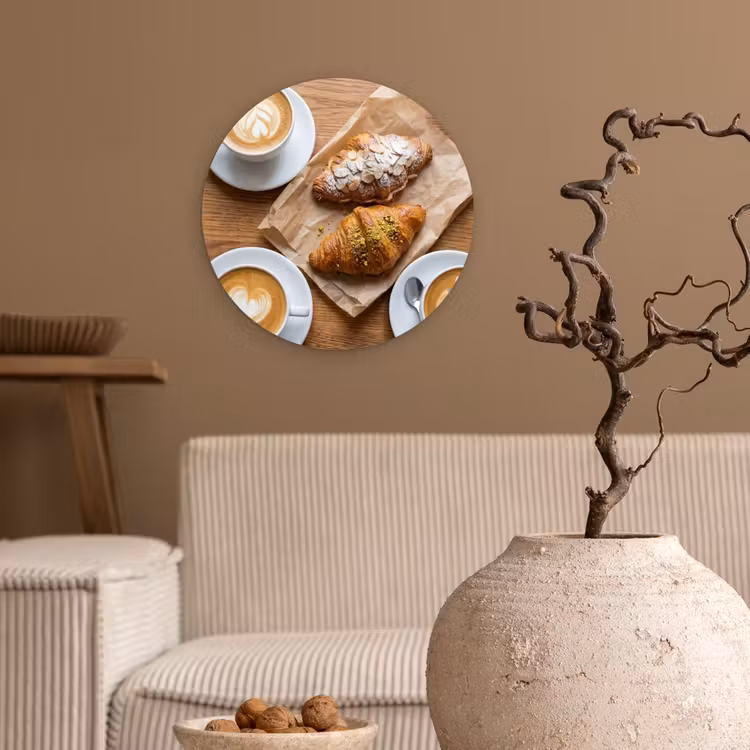 Eten - Croissant - Koffie - Ontbijt - Modern Wandcirkel kunststof plaat 5mm dik klein -sfeer1
