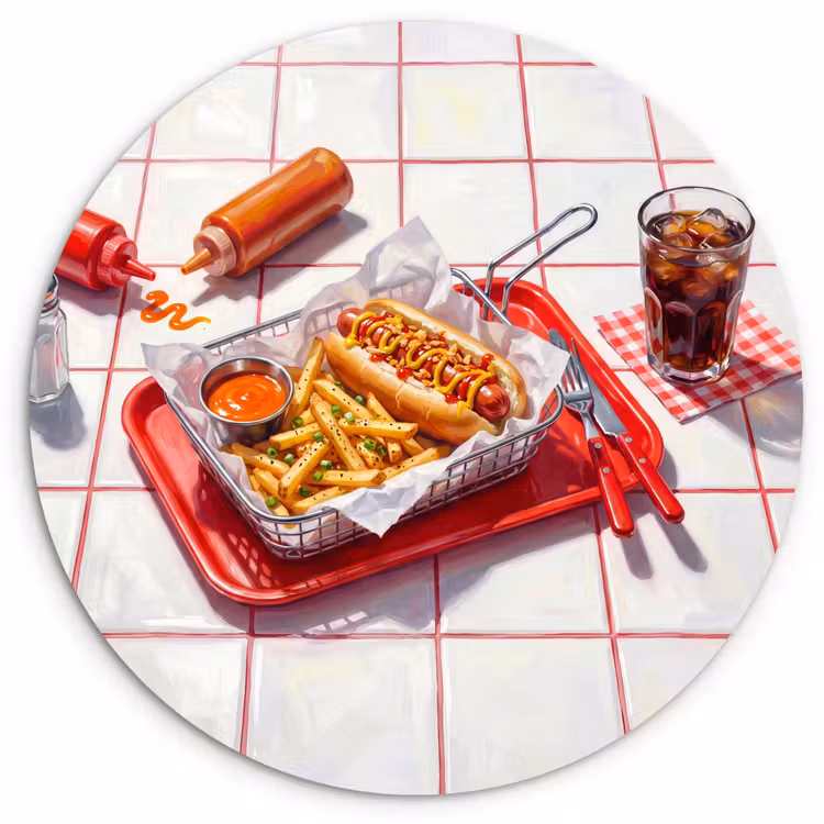 Eten - Hotdog - Fastfood - Modern - Rood Wandcirkel kunststof plaat 5mm dik klein -3d