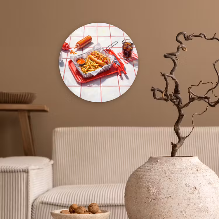 Eten - Hotdog - Fastfood - Modern - Rood Wandcirkel kunststof plaat 5mm dik klein -sfeer1
