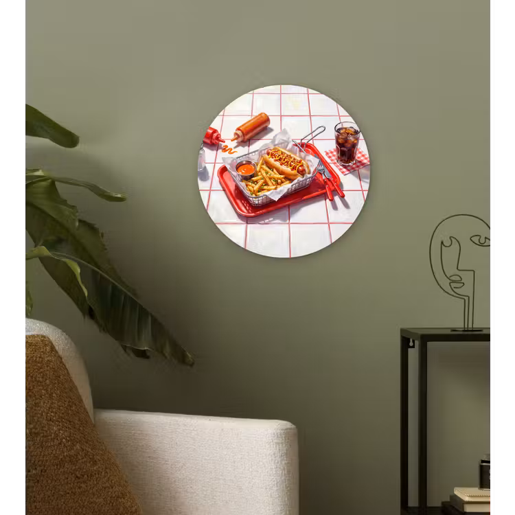 Eten - Hotdog - Fastfood - Modern - Rood Wandcirkel kunststof plaat 5mm dik klein -sfeer3