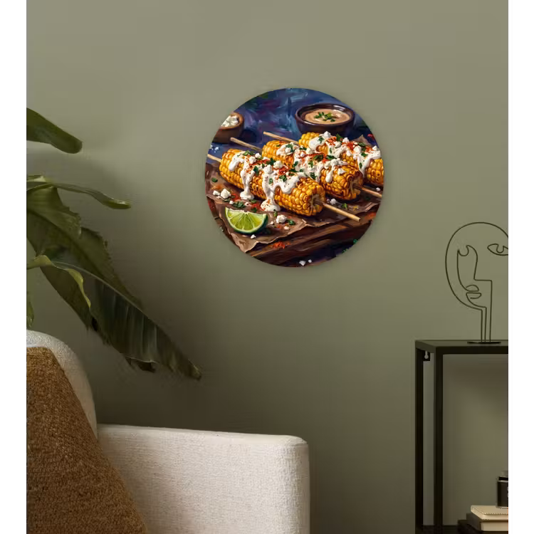 Eten - Maïs - Saus - Geschilderd - Geel Wandcirkel kunststof plaat 5mm dik klein -sfeer3