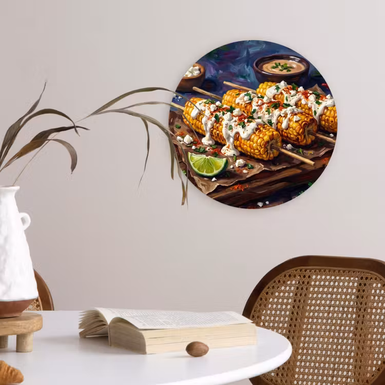 Eten - Maïs - Saus - Geschilderd - Geel Wandcirkel kunststof plaat 5mm dik klein -sfeer4
