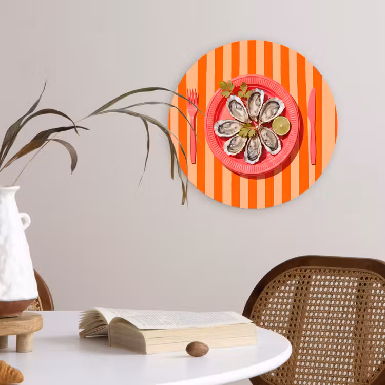 Eten - Oester - Zeevruchten - Oranje - Modern Wandcirkel kunststof plaat 5mm dik klein -sfeer4