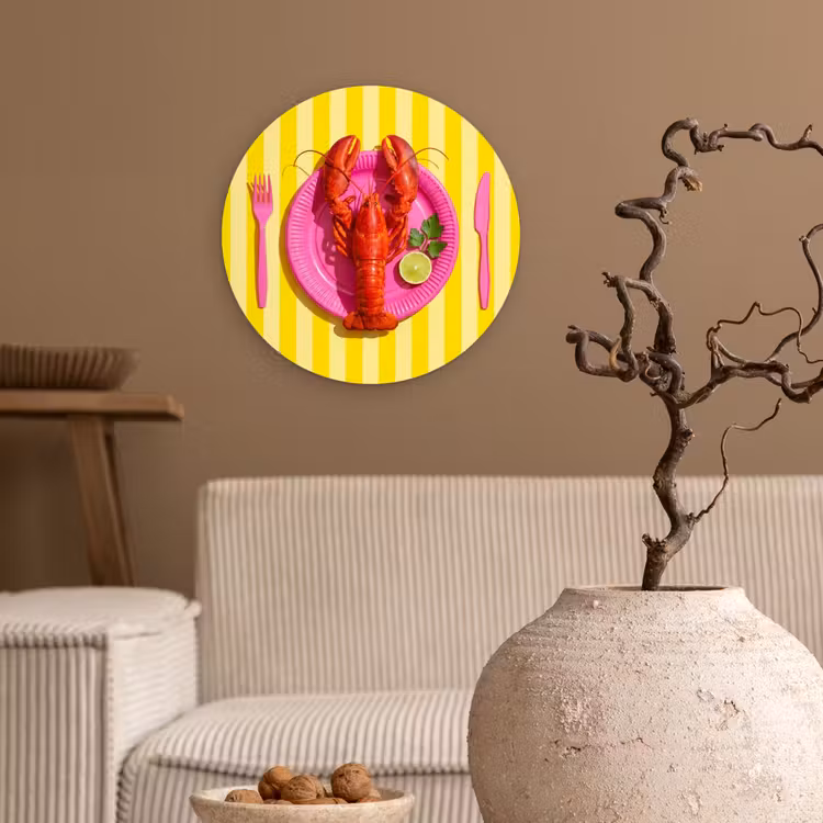 Eten - Roze - Geel - Modern - Culinaire Wandcirkel kunststof plaat 5mm dik klein -sfeer1