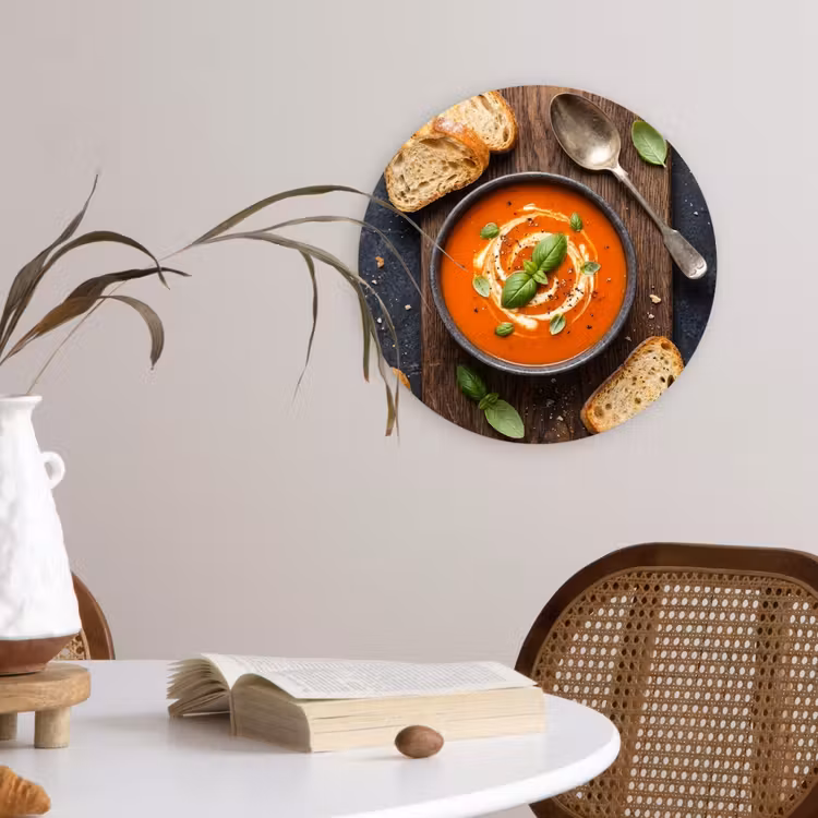 Eten - Soep - Basilicum - Rustiek - Rood Wandcirkel kunststof plaat 5mm dik klein -sfeer4