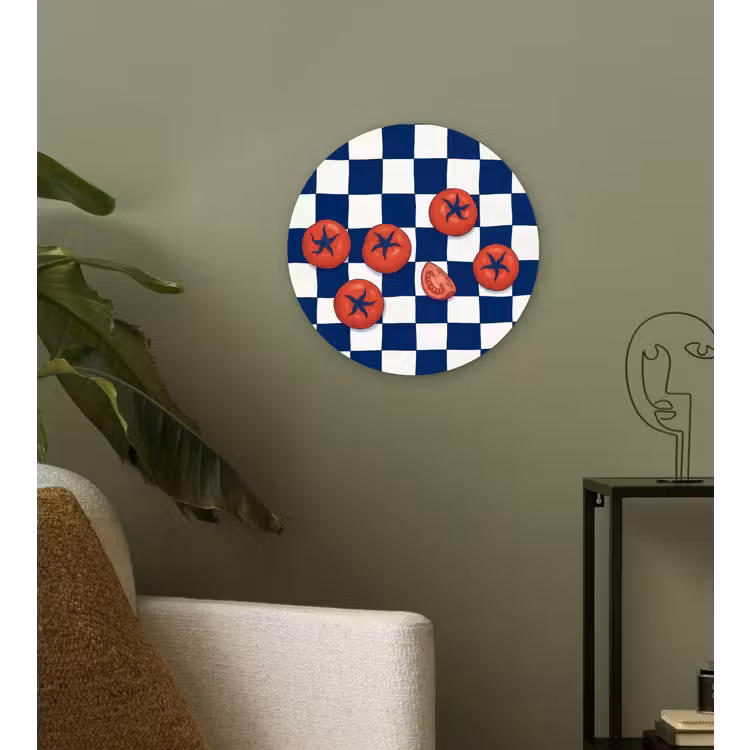 Eten - Tomaten - Keuken - Illustratie - Rood-Blauw Wandcirkel kunststof plaat 5mm dik klein -sfeer3