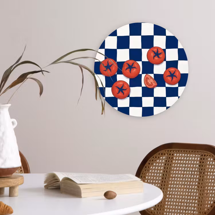 Eten - Tomaten - Keuken - Illustratie - Rood-Blauw Wandcirkel kunststof plaat 5mm dik klein -sfeer4