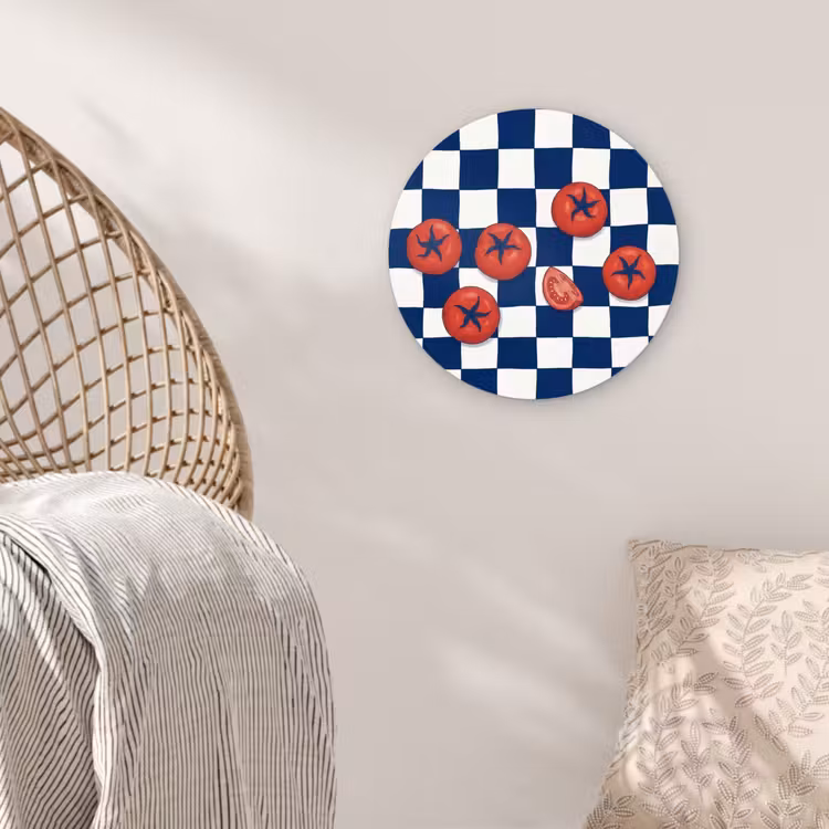 Eten - Tomaten - Keuken - Illustratie - Rood-Blauw Wandcirkel kunststof plaat 5mm dik klein -sfeer5