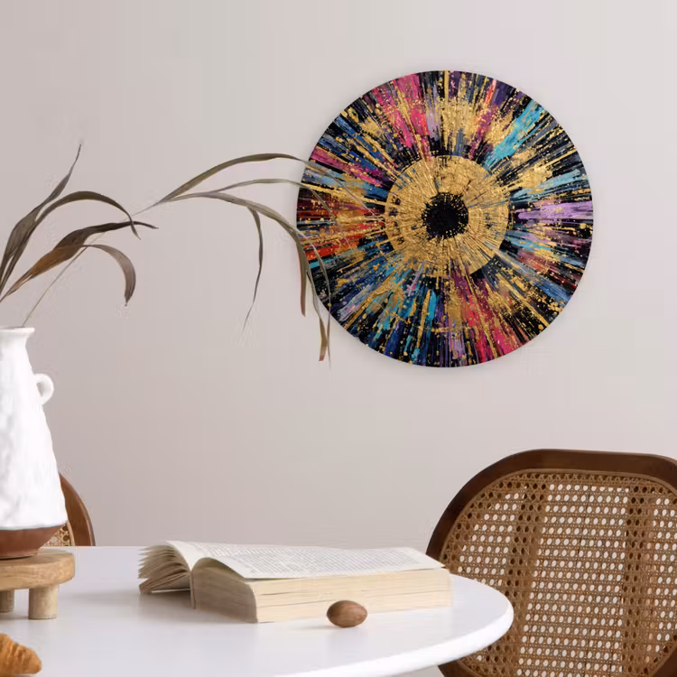 Explosie - Goud - Kleurrijk - Abstract Wandcirkel kunststof plaat 5mm dik klein -sfeer4