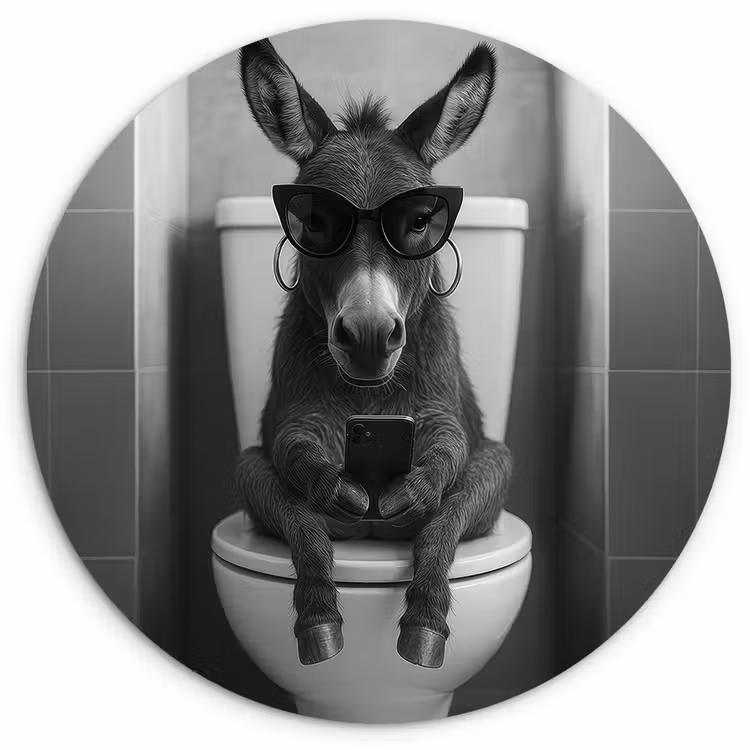 Ezel - Telefoon - Toilet - Zwart - Wit Wandcirkel kunststof plaat 5mm dik klein -3d