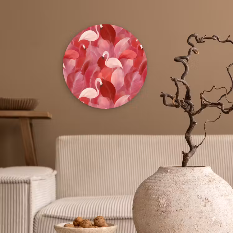 Flamingo - Botanisch - Elegant - Roze - Rood Wandcirkel kunststof plaat 5mm dik klein 188 -sfeer1