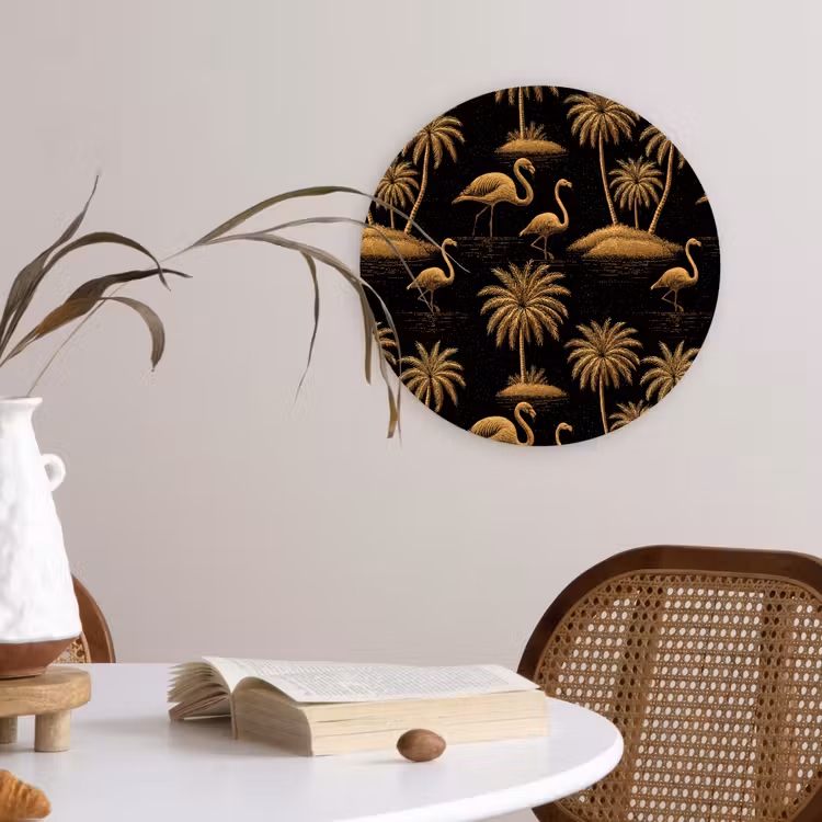 Flamingo - Palmbomen - Tropisch - Goud - Zwart Wandcirkel kunststof plaat 5mm dik klein 188 -sfeer4
