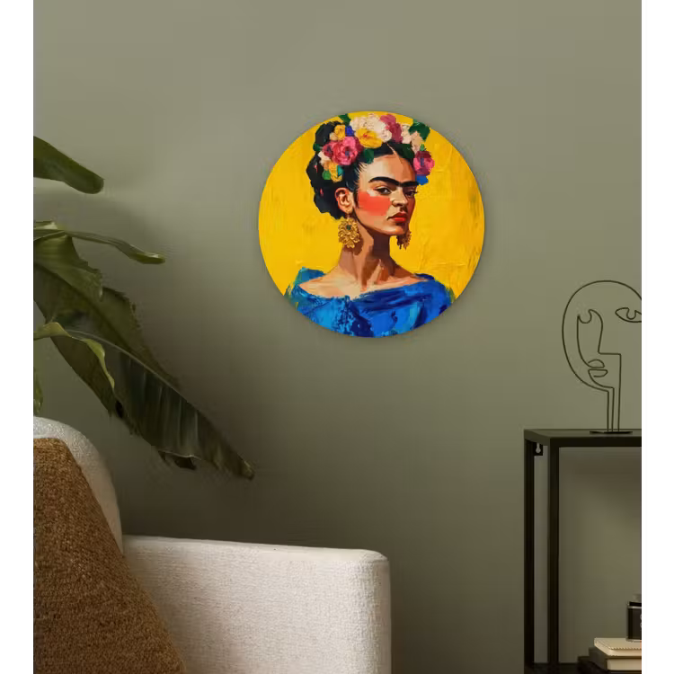 Frida Kahlo - Vrouw - Geel - Blauw - Bloemen Wandcirkel kunststof plaat 5mm dik klein -sfeer3