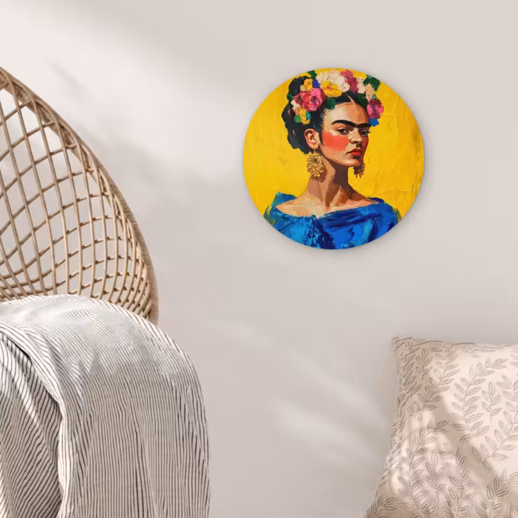 Frida Kahlo - Vrouw - Geel - Blauw - Bloemen Wandcirkel kunststof plaat 5mm dik klein -sfeer5
