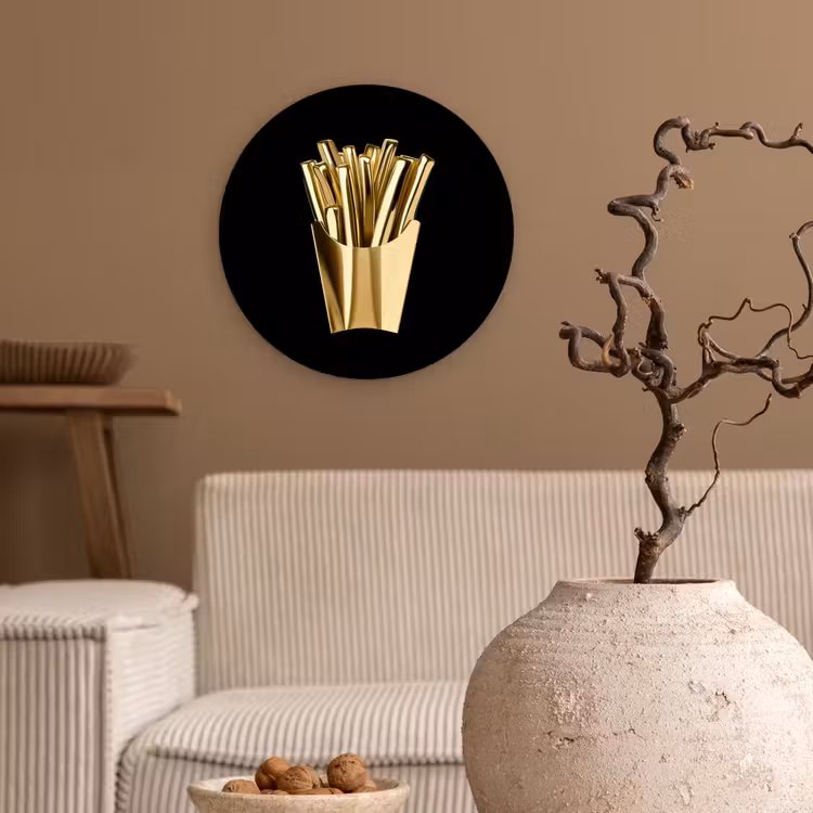 Friet - Goud - Chrome - Eten Wandcirkel kunststof plaat 5mm dik klein -sfeer1