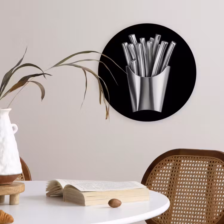 Frietjes - Futuristisch - Zilver Wandcirkel kunststof plaat 5mm dik klein -sfeer4