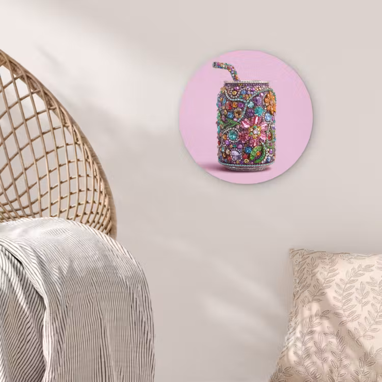 Frisdrankblikje - Bloemenpatroon - Edelstenen - Kleurrijk Wandcirkel kunststof plaat 5mm dik klein -sfeer5
