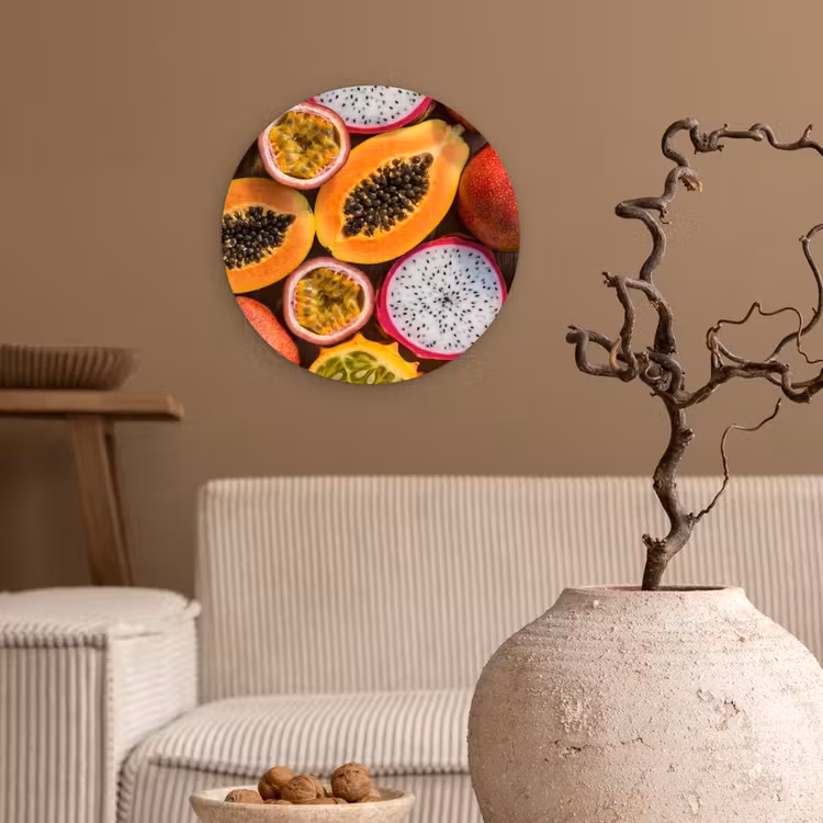 Fruit - Geopend - Tropisch - Eten - Kleurrijk Wandcirkel kunststof plaat 5mm dik klein -sfeer1