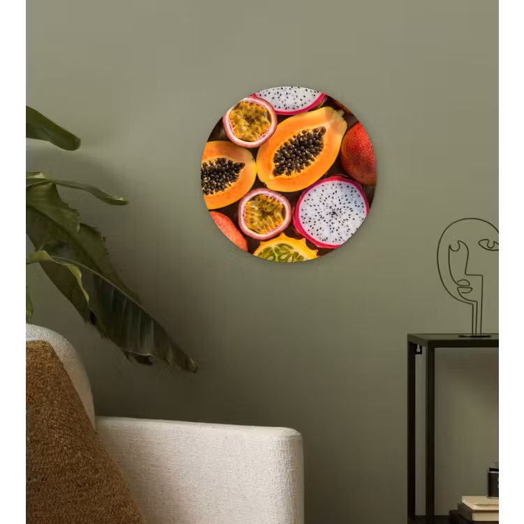 Fruit - Geopend - Tropisch - Eten - Kleurrijk Wandcirkel kunststof plaat 5mm dik klein -sfeer3