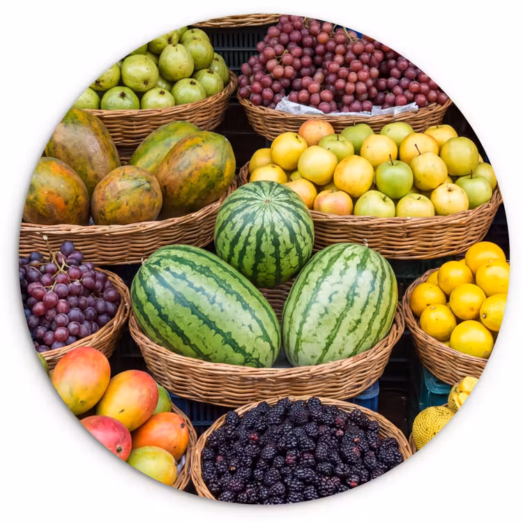 Muurcirkel - Fruit - Markt - Kleurrijk - Fruit - Markt - Kleurrijk Wandcirkel kunststof plaat 5mm dik klein