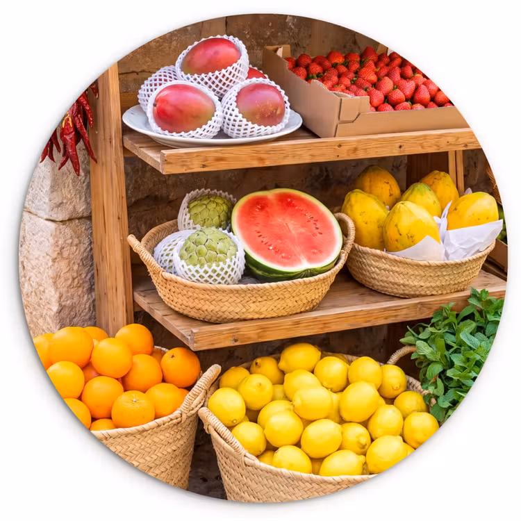 Muurcirkel - Fruit - Markt - Vers - Fruit - Markt - Vers Wandcirkel kunststof plaat 5mm dik klein