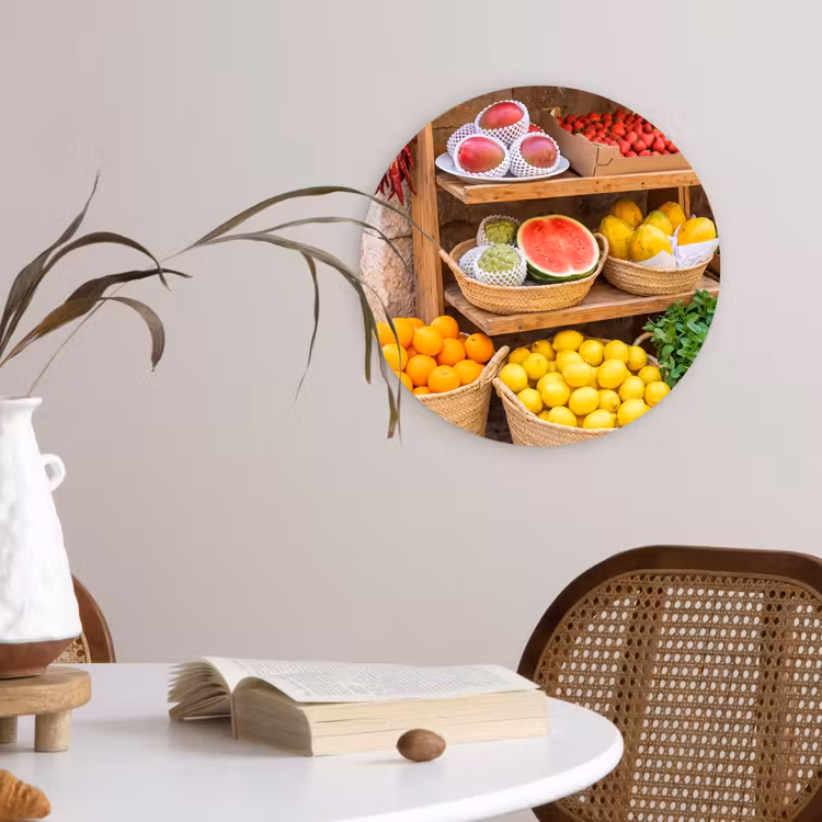 Muurcirkel - Fruit - Markt - Vers - Fruit - Markt - Vers Wandcirkel kunststof plaat 5mm dik klein
