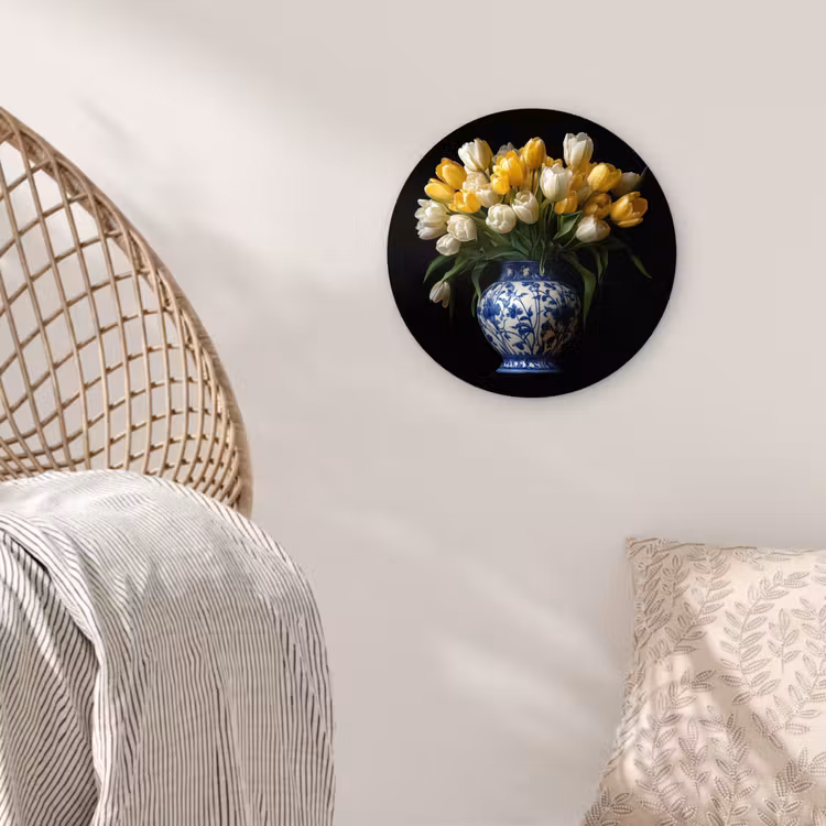 Geel - Tulpen - Vaas - Bloemen Wandcirkel kunststof plaat 5mm dik klein -sfeer5