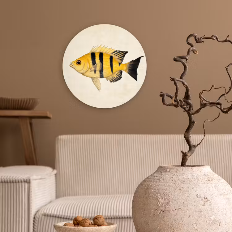 Geel - Vis - Strepen - Tropisch Wandcirkel kunststof plaat 5mm dik klein -sfeer1