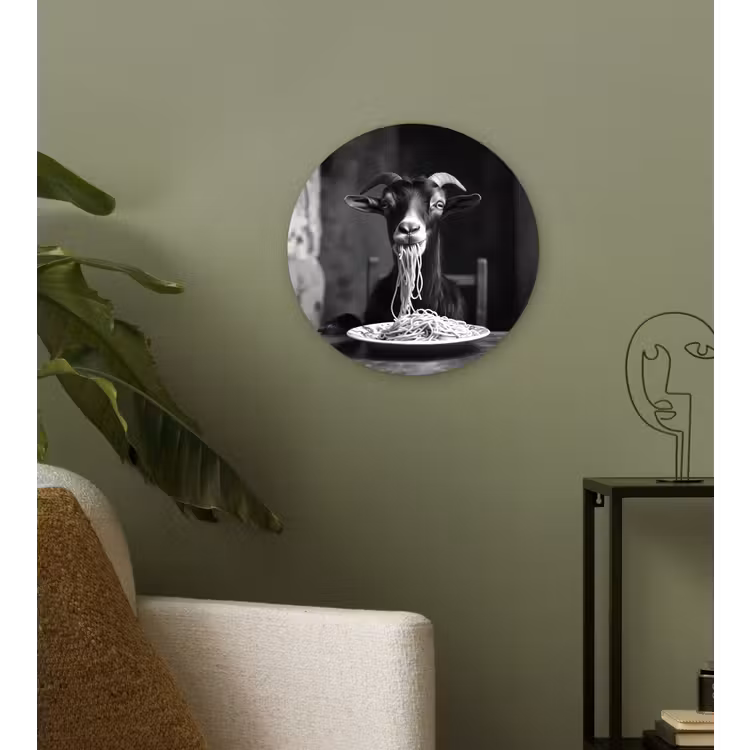 Geit - Bord - Spaghetti - Zwart Wit Wandcirkel kunststof plaat 5mm dik klein -sfeer3