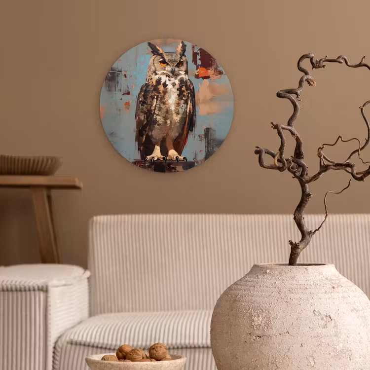 Geschilderd - Abstract - Uil - Bruin Wandcirkel kunststof plaat 5mm dik klein -sfeer1