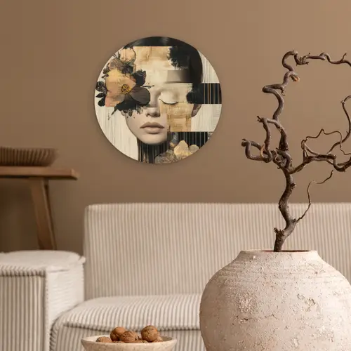 Gezicht - Bloemen - Zwart - Vrouw Wandcirkel kunststof plaat 5mm dik klein -sfeer1